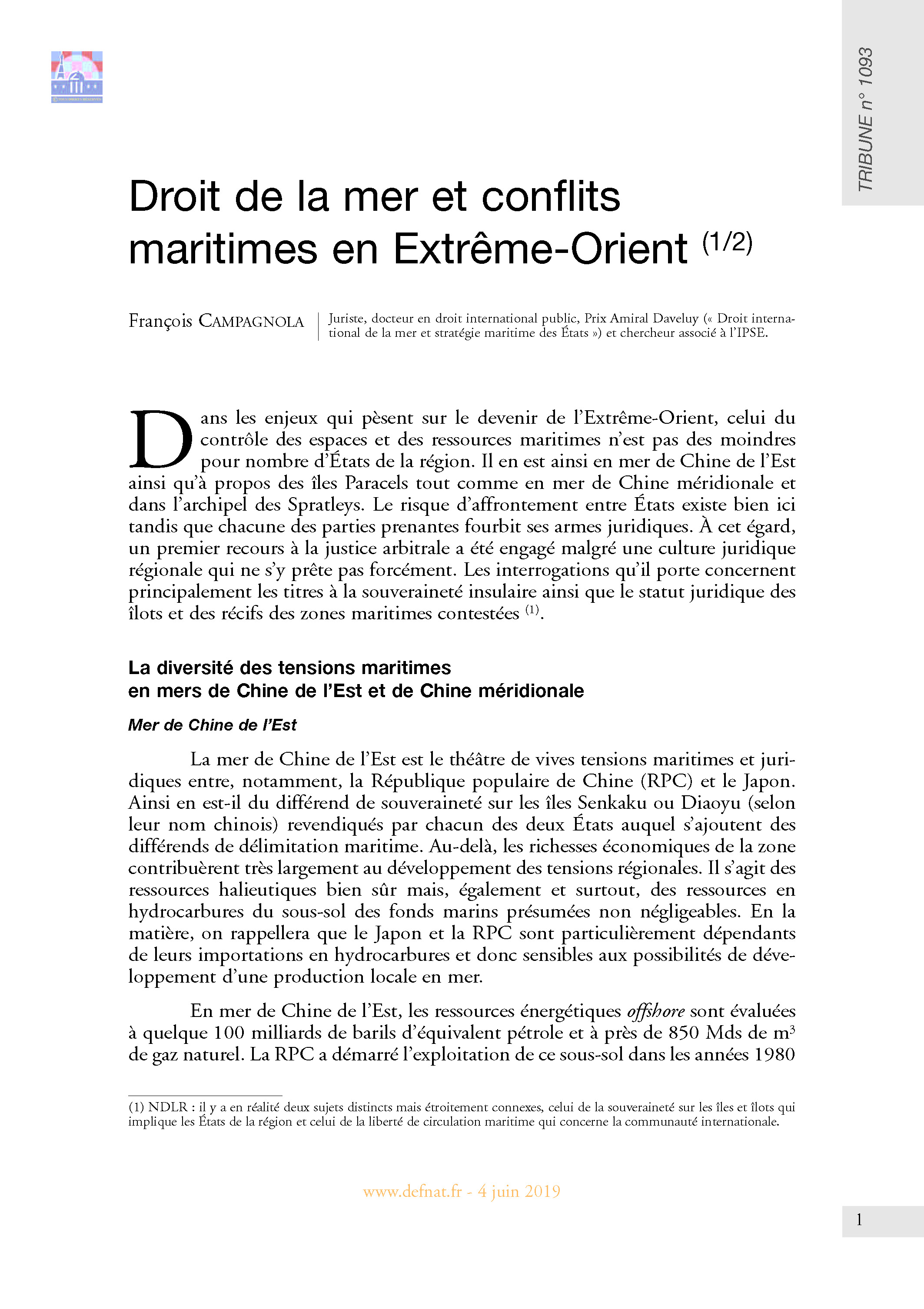 Droit de la mer et conflits maritimes en Extrême-Orient (1/2) (T 1093)
